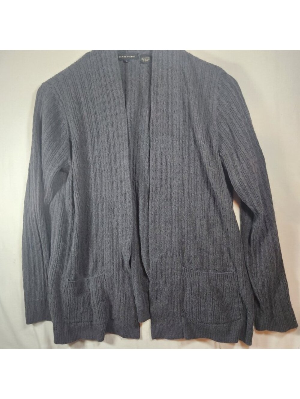 Jeanne Pierre Womens Charcoal Gray Cotton Cable Knit Open Front Cardigan Large